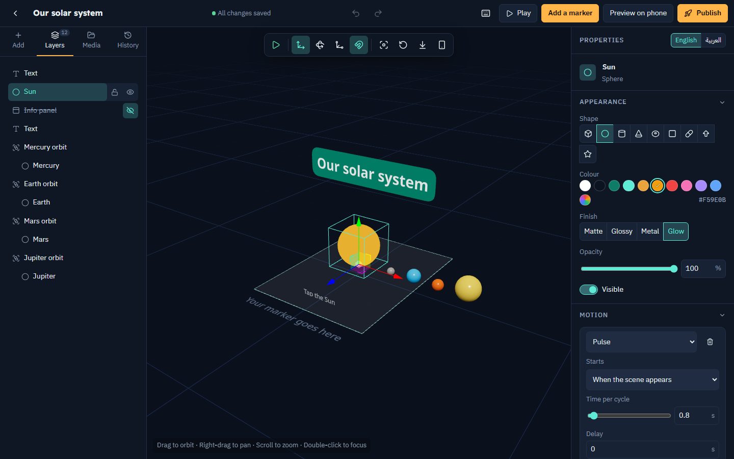 The ARCraft editor with a solar system scene, its layers and the motion settings of the Sun